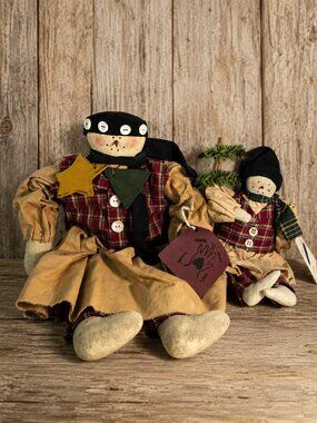 From Hand to Work Folk Art Snowman Dolls 15” & 10” Primitive Country Decor